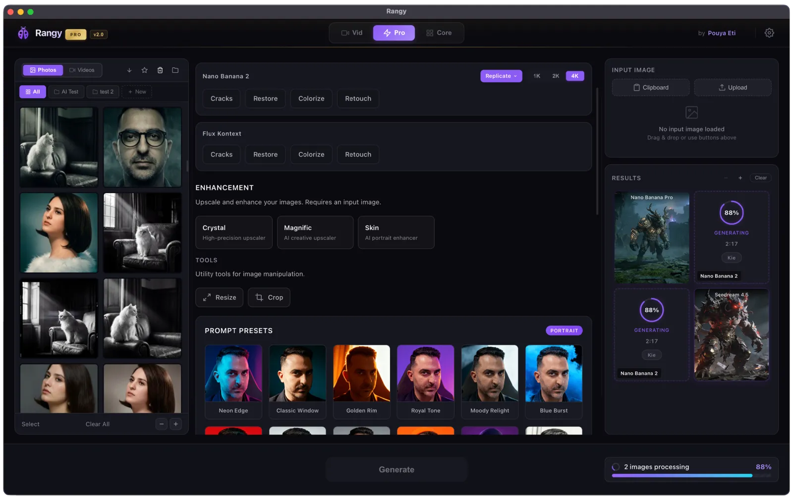 A desktop app showing portrait lighting presets alongside skin enhancement and upscaling tools