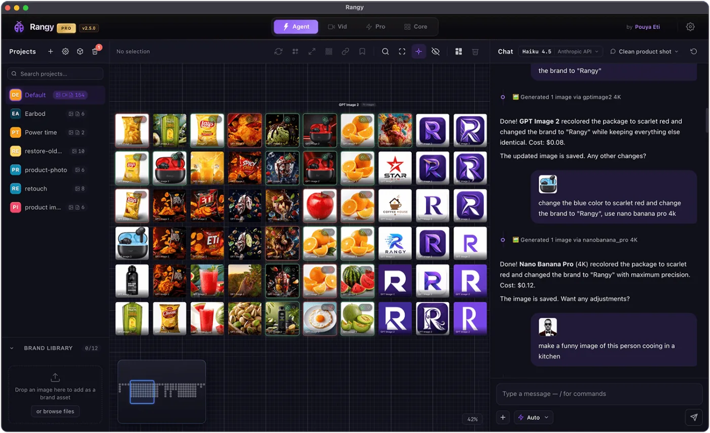 A desktop app canvas filled with product ad variations beside a chat panel showing per-generation costs