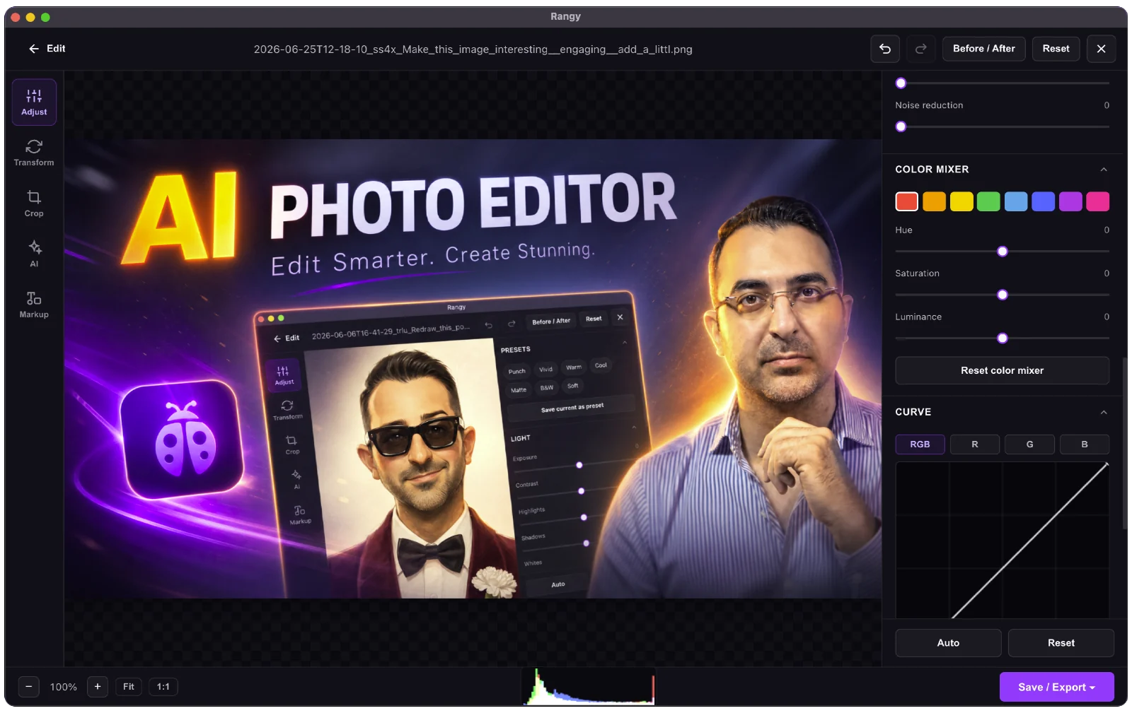 A full photo editor interface with curves, colour mixer, presets, crop and AI tools, running on a generated image